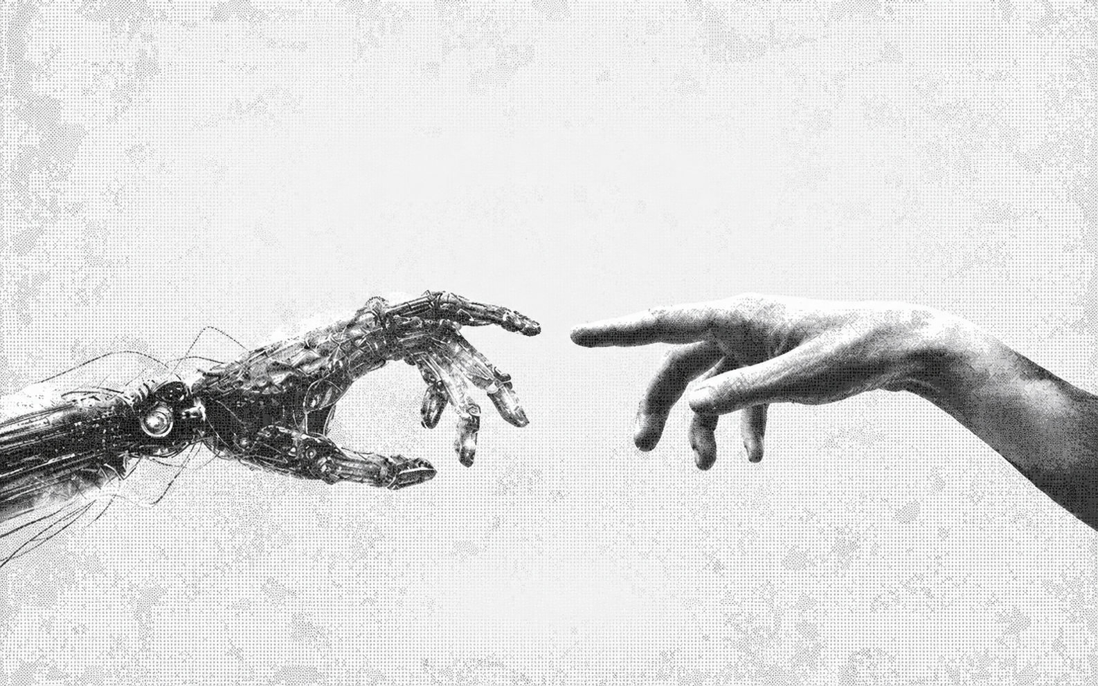A robotic hand reaching toward a human hand, symbolising collaboration across the Roboverse